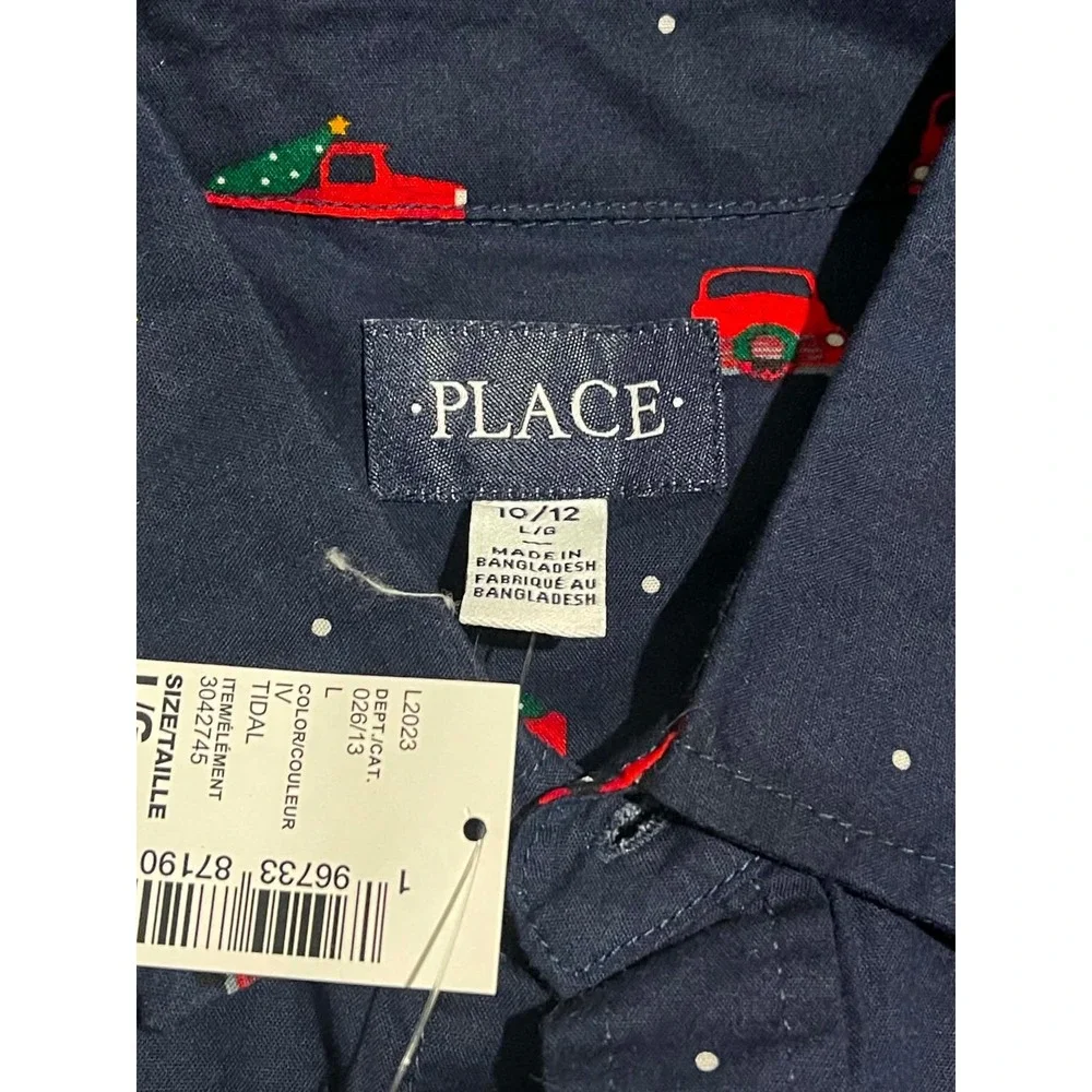 The Childrens Place Button Down Shirt‎ Kids 10/12 Navy Christmas